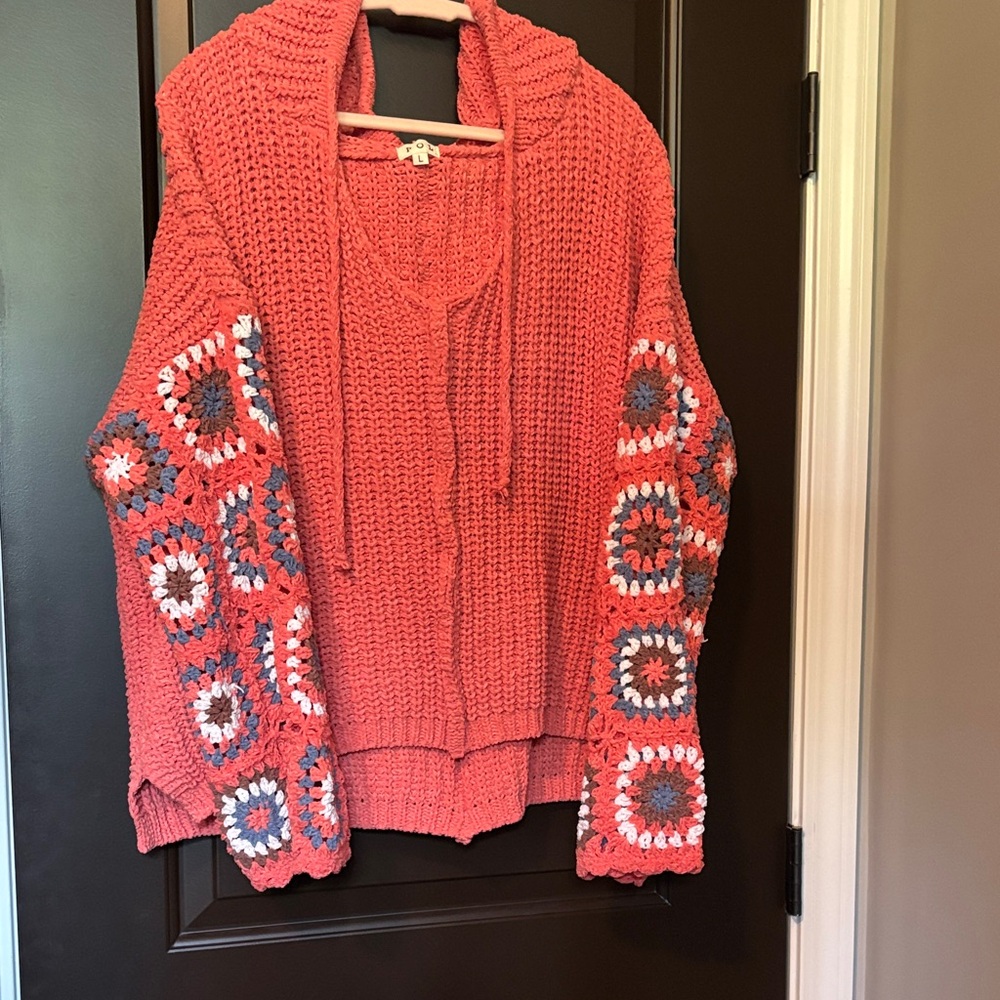 Pol NEW Cozy Coral Sweater Hoodie with Crochet Granny Square Sleeves